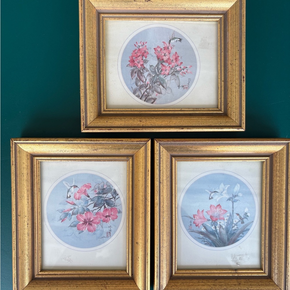 Set of Three Floral Framed and Signed Watercolor Painting By John Cheng